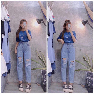 Baggy Jeans Lưng Cao Xanh Rách Mảng 🌞