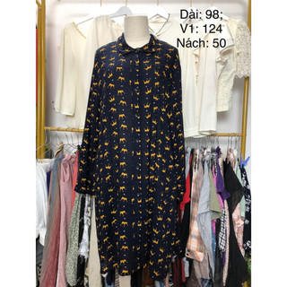 Đầm sơ mi si tuyển 2hand dài tay, vải thô mát, tông đen họa tiết, form xuông giấu dáng