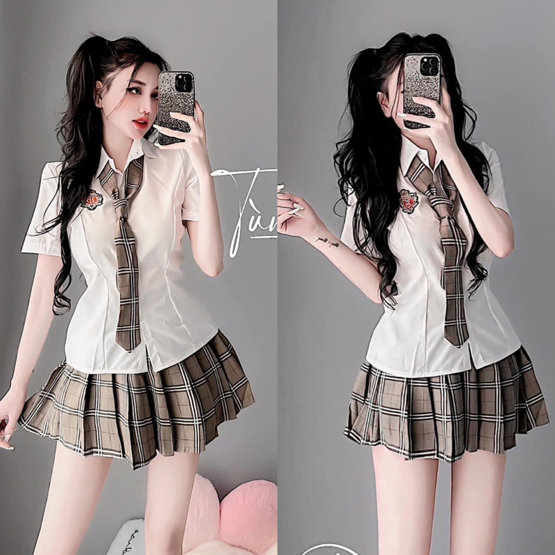 Set Bộ Sơ Mi Viền Nâu Phong Cách Học Sinh Kèm Váy Xếp Ly Caro Nâu Kèm Cà Vạt Siêu Cute Dễ Thương