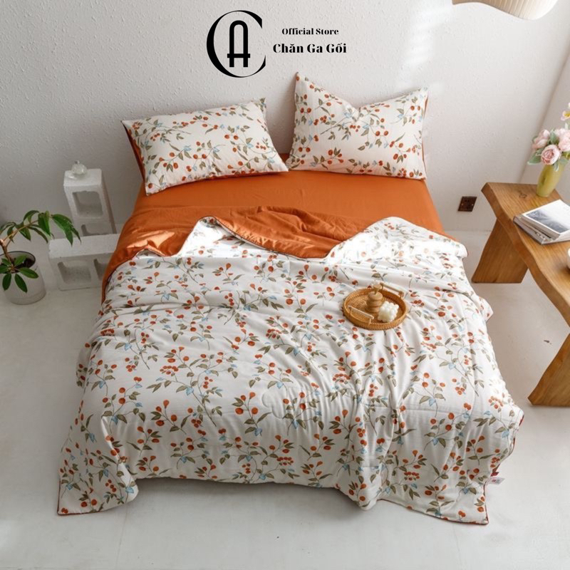 Bộ Chăn Ga Gối Trần Bông Cotton Đũi Lanh Phong Cách Vintage - Hoa Dây Cam CA Bedding Decor