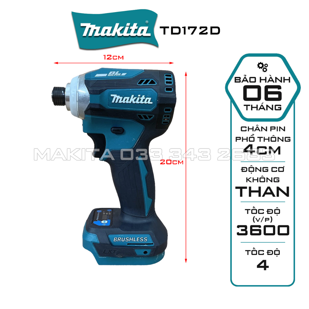 Thân máy chuyên vít pin Makita TD172D, Nhỏ gọn nhẹ êm ái Chân pin phổ thông 4cm