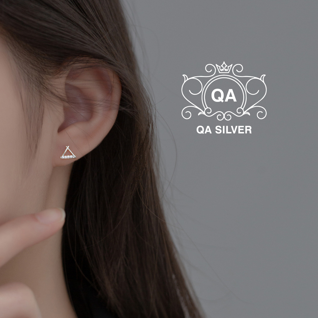 Khuyên tai bạc 925 tam giác đính đá nam nữ bông tối giản S925 TRIANGLE QA SILVER Earrings EA230410