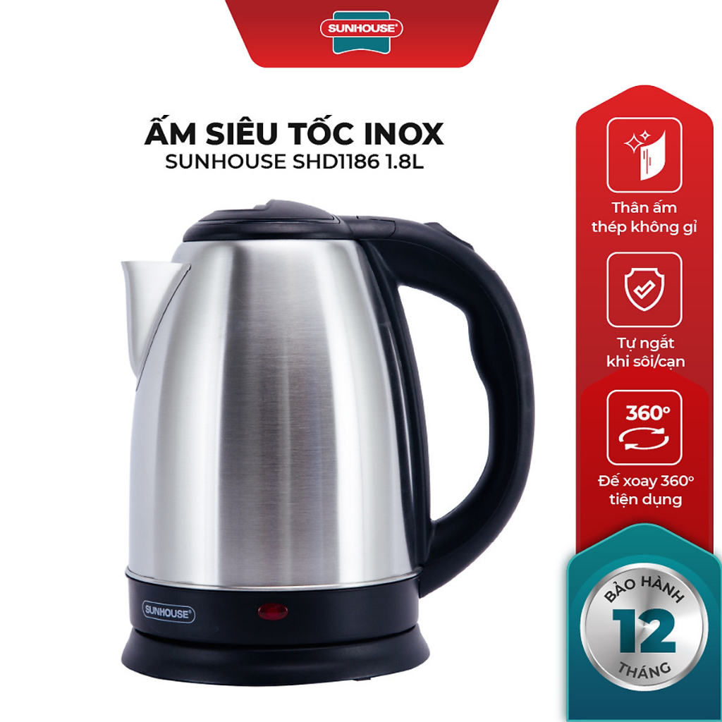 Ấm Đun Nước Siêu Tốc SunHouse - Bình Siêu Tốc Inox Chính Hãng 1.8L Bảo Hành 12 Tháng