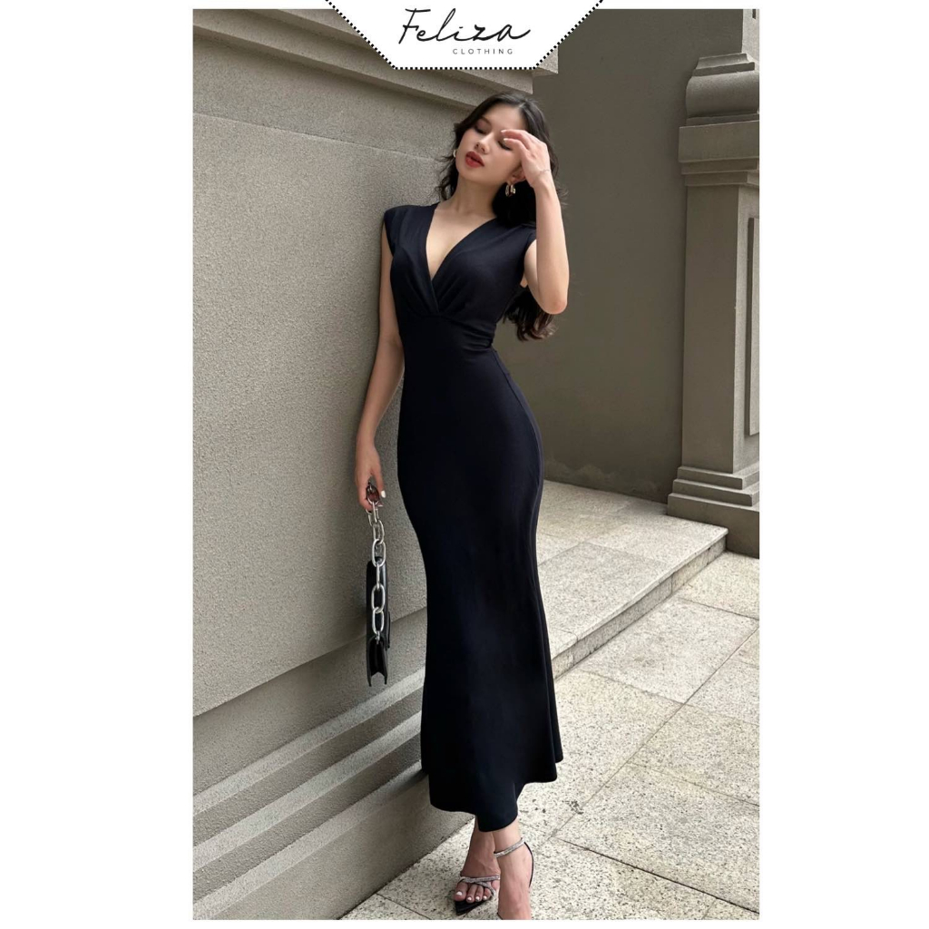 Đầm cổ V đắp chéo đuôi cá lửng chất thun cotton mềm-Feliza clothing