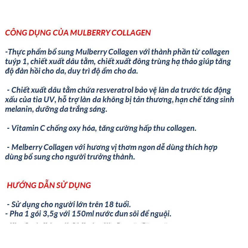 COMBO 2 HỘP Bột uống Mulberry Collagen giúp tăng hấp thụ collagen, dưỡng da trắng sáng,chống oxy hóa, chống nắng