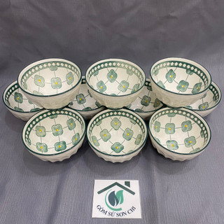 Bộ 10 chén Sọc hoa văn hiện đại, đường kính 12cm, có 3 màu xanh lá, đỏ, xanh dương.