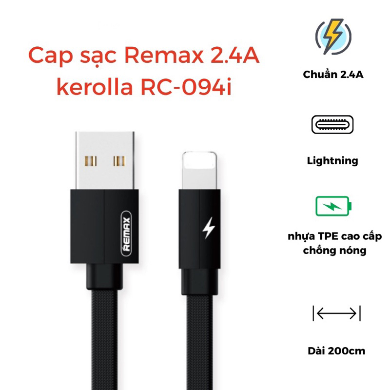 Cáp sạc nhanh Remax RC.09.4 i/a/m dòng sạc 2.4A chính hãng. Cáp dây dù dài 2m