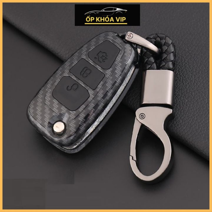 Bao da/ Ốp khóa xe nhựa cứng vân carbon carbon kèm móc treo inox các dòng xe Ford Ranger XLS cũ, Focus,Fisseta- chìa gập