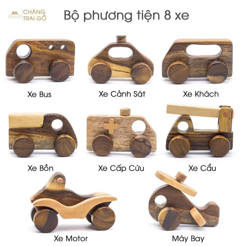 Combo 8 Xe Đồ Chơi Gỗ Tự Nhiên, Bánh Xe Di Chuyển.