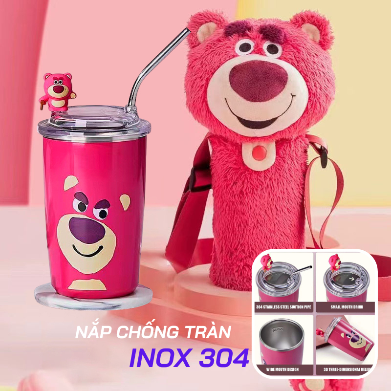 Bình Giữ Nhiệt Gấu Dâu Losto 450ml Inox 304 Giữ Nhiệt 8-10 Tiếng, Ly Giữ Nhiệt Gấu Hồng Có Nắp, Ống Hút