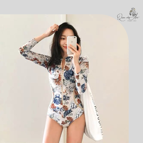 Bikini Đi Biển 1 Mảnh Họa Tiết Hoa Kín Đáo - Đồ Bơi Nữ Dài Tay Che Bụng Liền Thân Kéo Khóa Thời Trang Hàn Quốc