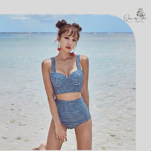 Bikini 2 Mảnh Kẻ Caro Cạp Cao Tôn Dáng Sexy, Bộ Đồ Bơi Nữ Đi Biển Áo Croptop Có Mút Đệm Vintage Phong Cách Hàn Quốc