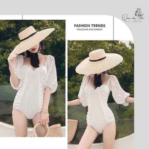 Bikini Liền Thân 1 Mảnh Đi Biển Sang Chảnh Hàn Quốc Cao Cấp, Đồ Bơi Nữ Kín Đáo Che Bụng Cổ Vuông Tay Bồng Sexy