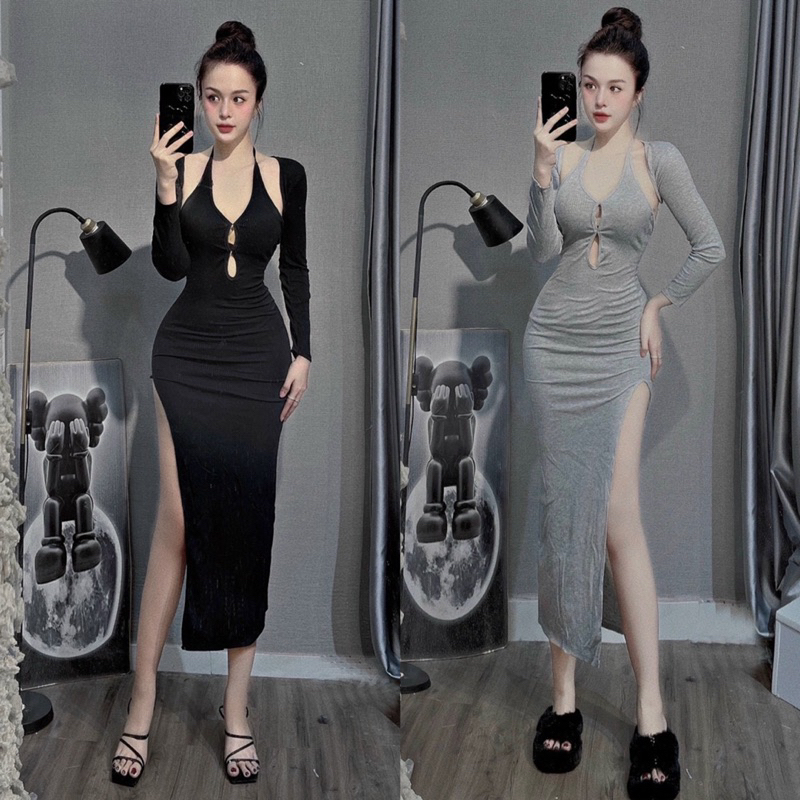 SET ĐẦM YẾM HỞ LƯNG XẺ TÀ KÈM ÁO TAY DÀI RỜI SEXY