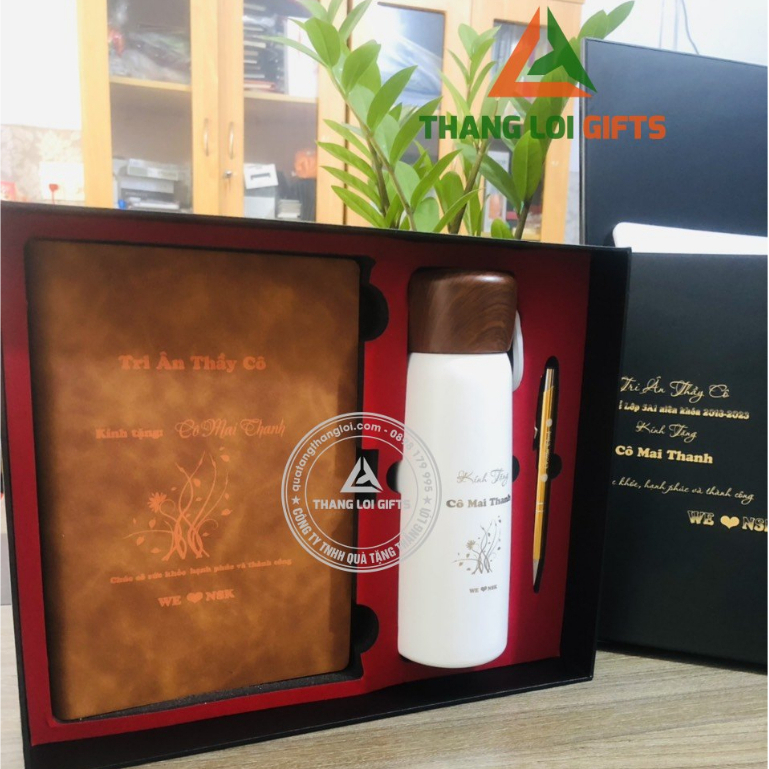 Giftset-Bộ Quà Tặng (SỔ DA CAO CẤP+BÌNH NẮP GỖ+BÚT KÝ) - Quà Tặng Tri Ân Thầy Cô, Khách hàng