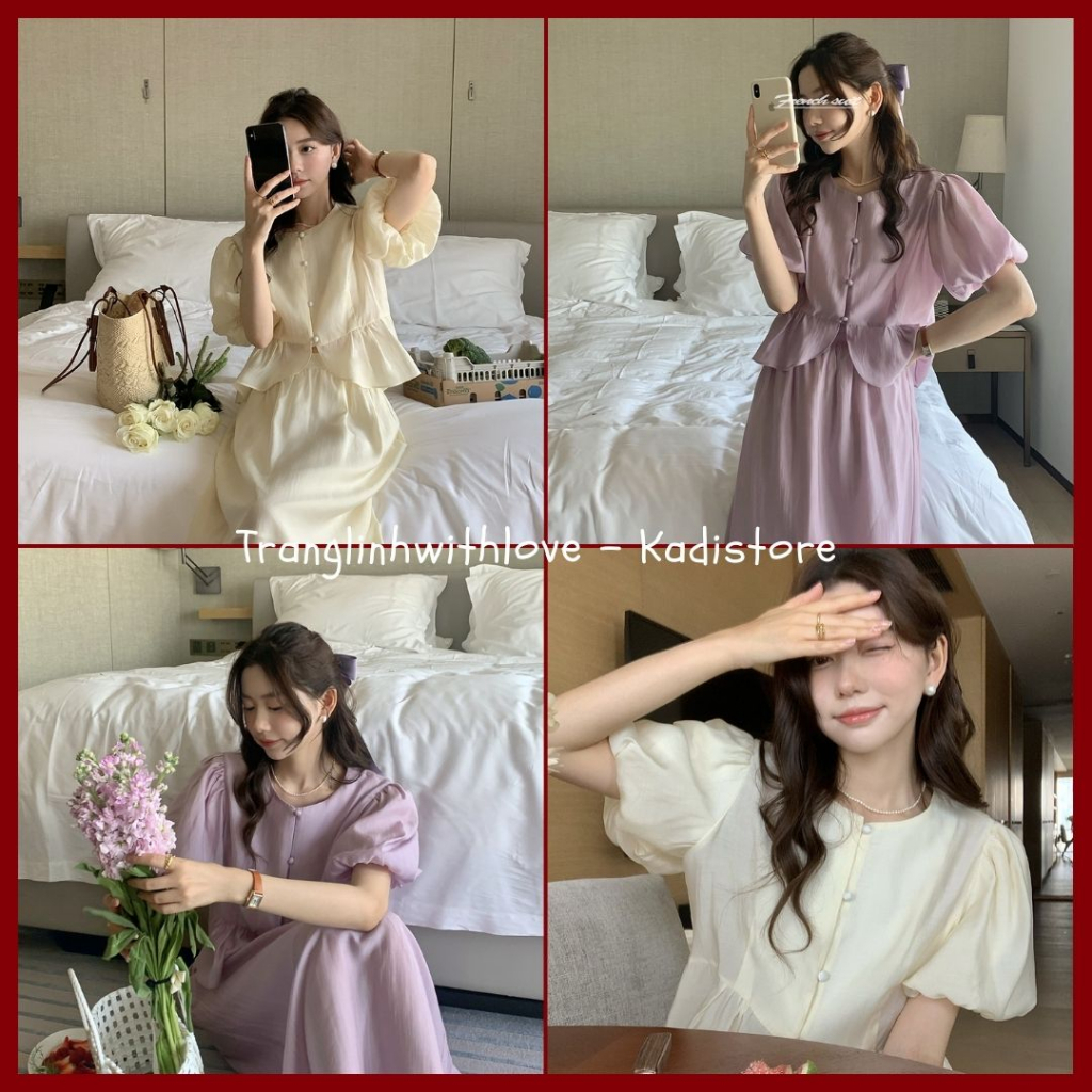 Set áo sơ mi tay ngắn phồng cổ tròn kèm chân váy dáng dài 2 lớp voan tơ óng điệu đà