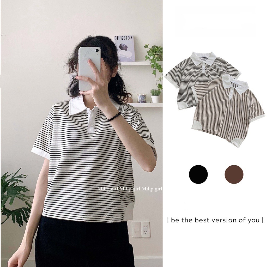Áo polo Ngắn Tay Họa Tiết Kẻ Sọc Phong Cách Hàn Quốc
