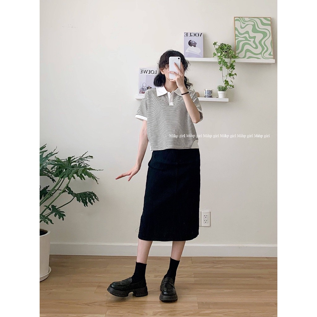 Áo polo Ngắn Tay Họa Tiết Kẻ Sọc Phong Cách Hàn Quốc