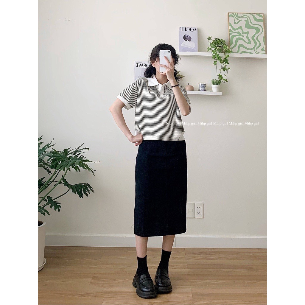 Áo polo Ngắn Tay Họa Tiết Kẻ Sọc Phong Cách Hàn Quốc