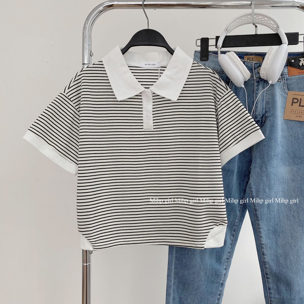 Áo polo Ngắn Tay Họa Tiết Kẻ Sọc Phong Cách Hàn Quốc