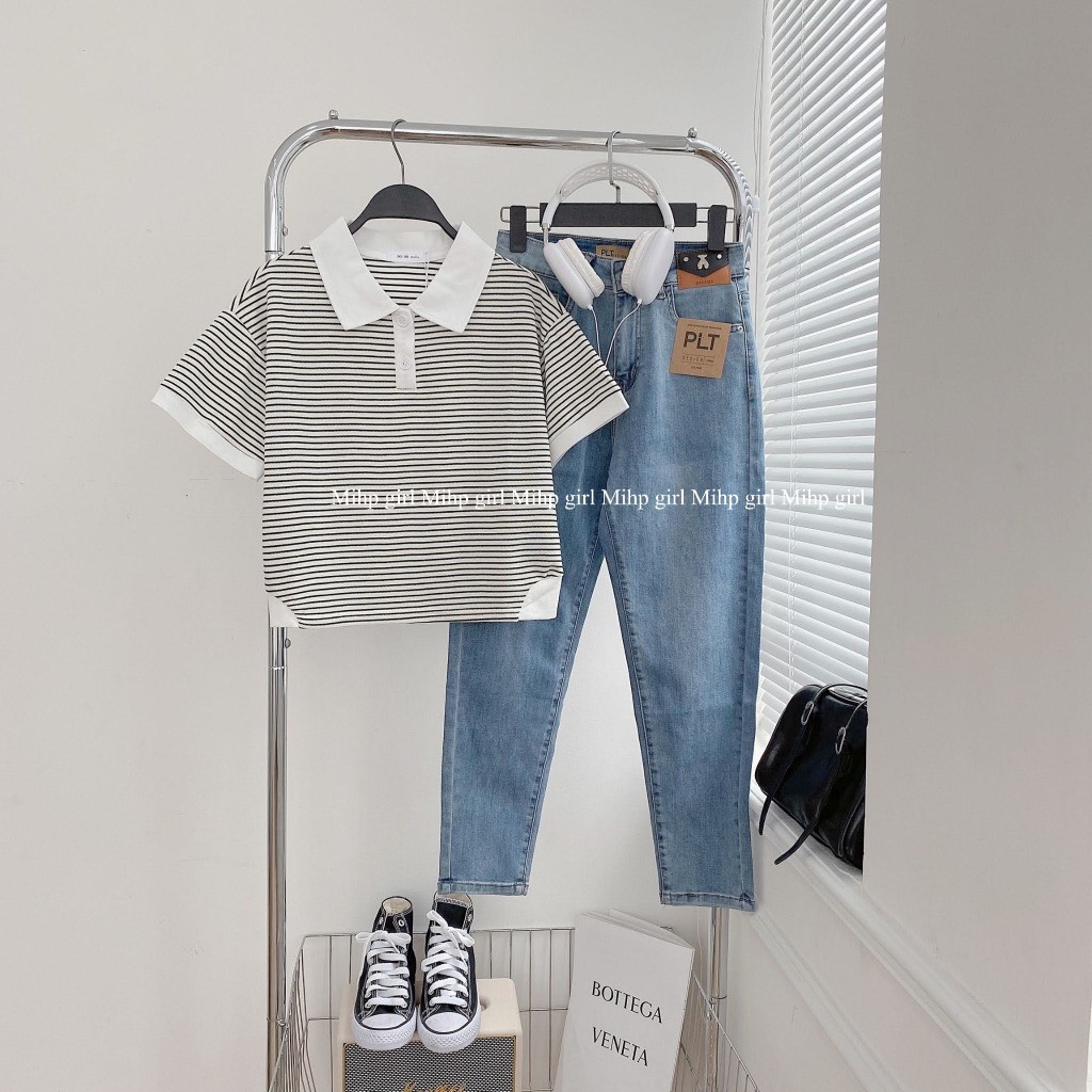 Áo polo Ngắn Tay Họa Tiết Kẻ Sọc Phong Cách Hàn Quốc