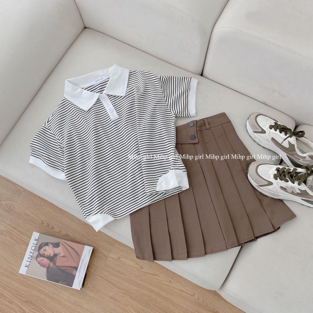 Áo polo Ngắn Tay Họa Tiết Kẻ Sọc Phong Cách Hàn Quốc