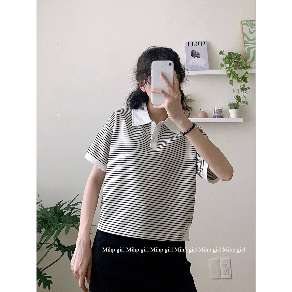 Áo polo Ngắn Tay Họa Tiết Kẻ Sọc Phong Cách Hàn Quốc