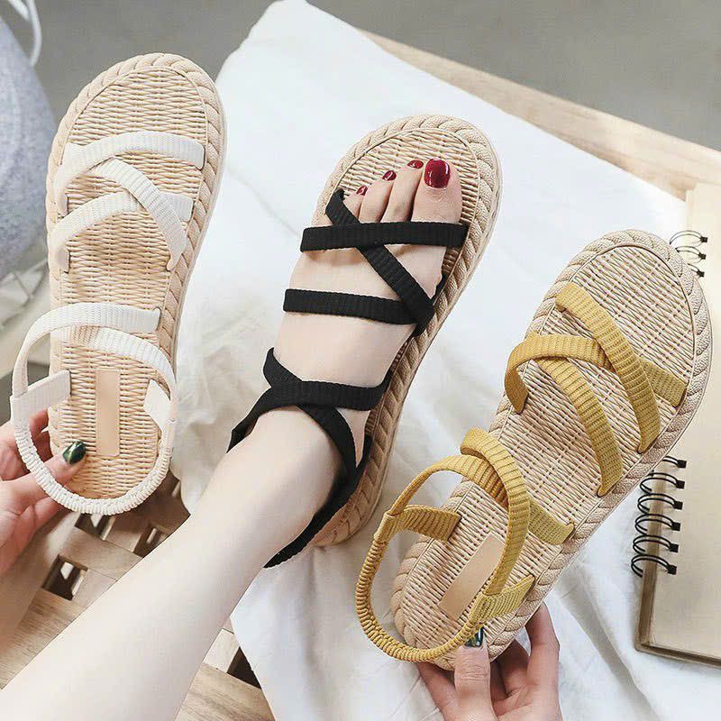 Dép Sandals quai chéo đi biển đế cao su giả cói mềm êm chân(hàng quảng châu)