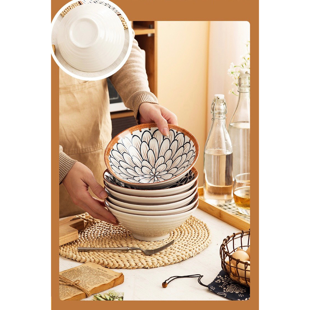 Tô sứ decor, Tô canh, Bát ăn phở, Bát mỳ tô loe, tô nón viền giả mây size 20cm