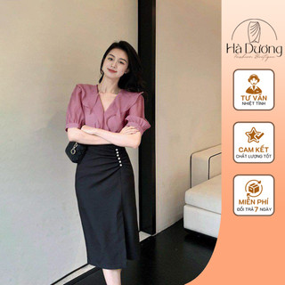 Chân váy bút chì dài 55-60cm, Chân váy Xẻ Trước nhún eo một bên Phối Cúc quý phái - Hà Dương Shop