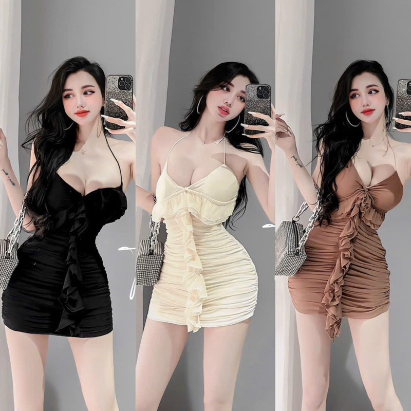 Đầm Dây Yếm Body Bèo Tua Rua Cổ V Cúp Ngực Mặc Được 3 Kiểu Y Video