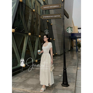 Đầm midi phối lụa cổ chéo tay con