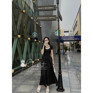 Đầm midi phối lụa cổ chéo tay con