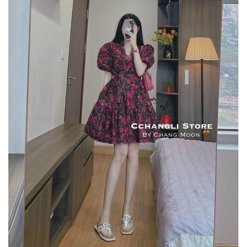 Đầm hoa đuôi cá cổ trụ v kèm dây eo