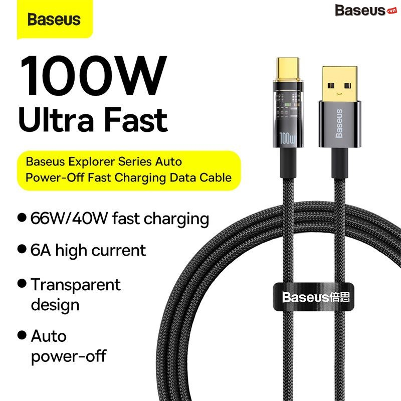 Cáp A L tự ngắt điện thông minh Baseus Explorer TỐC ĐỘ 480Mbps 100W