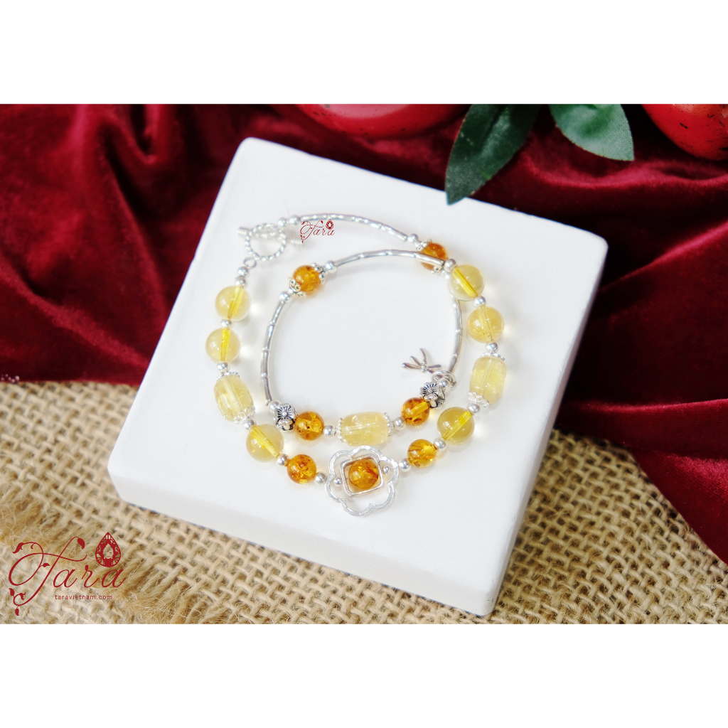 Vòng tay Thạch Anh Vàng lấp lánh mix charm bạc cao cấp mang đến may mắn, sức khỏe