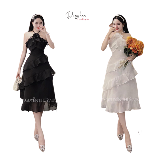 Váy tơ hai lớp cổ yếm dây có nơ phối bèo quanh váy hoa ngực - Dungpham.Boutique