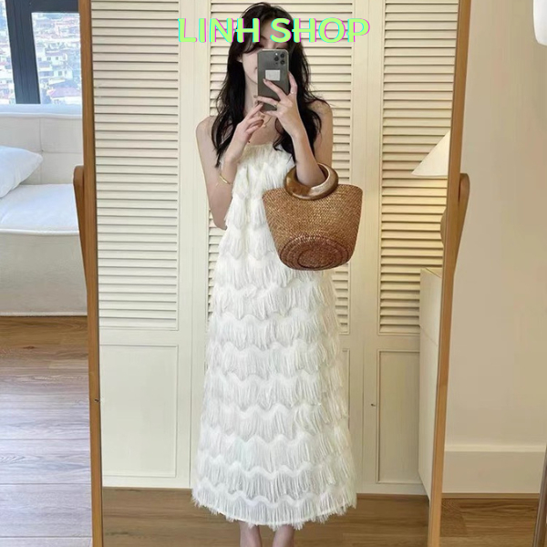 Váy Maxi Đi Biển Cho Nữ, Đầm Suông 2 Dây Phối Lông Vũ Sang Trọng, Váy 2 Dây Phong Cách Tiểu Thư, Váy Trắng