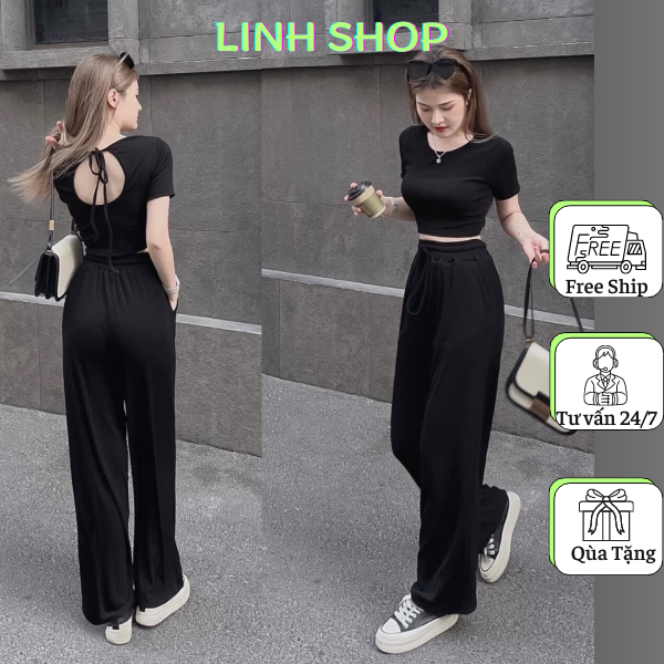 Sét Bộ Gân Tăm Buộc Dây Lưng, Bộ Hè Sang Chanh Cho Nữ, Áo Kiểu Croptop Mix Quần Ống Xuông