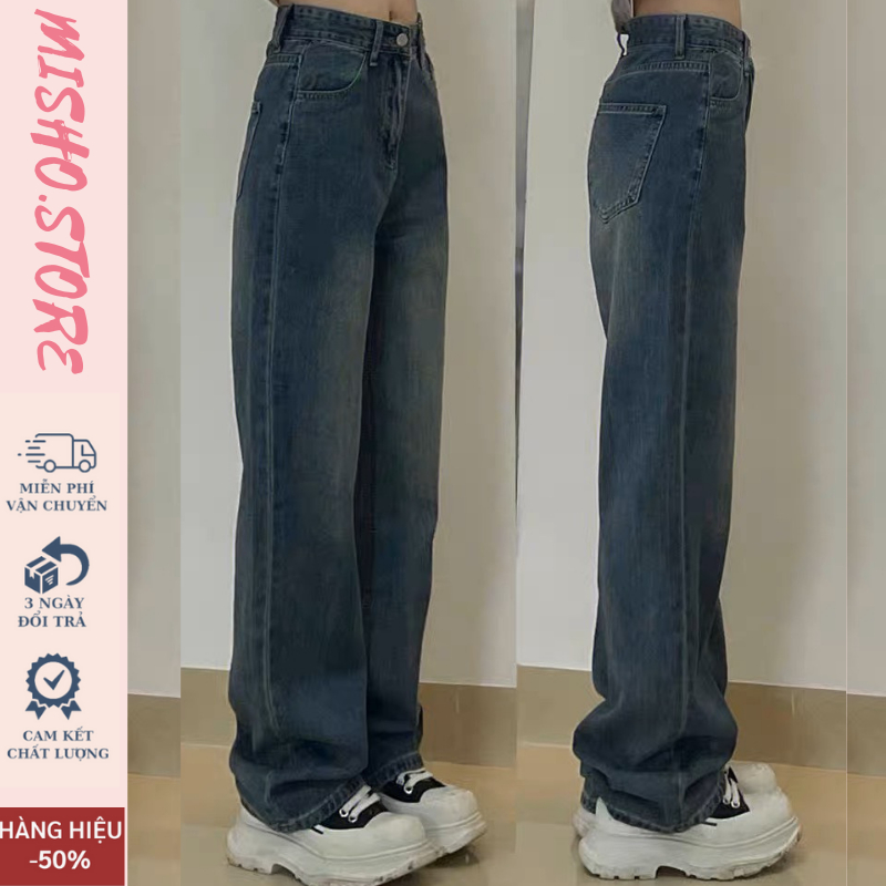 Quần jean nữ ống suông rộng cạp cao MISHO,quần bò jeans nữ đen ống rộng phong cách Retro Ulzzang 2023