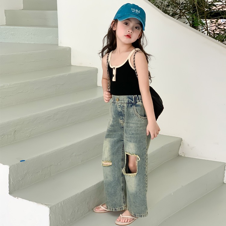 Áo 2s Thun Tăm Và Quần Jeans Rách Thời Trang QC Cao Cấp Bé Gái
