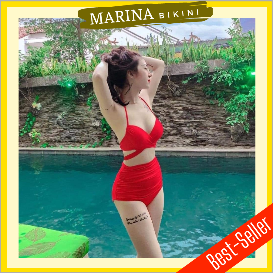 Bikini hai mảnh đồ bơi nữ đi biển gọng chéo quần nhún lưng cao MARINA001