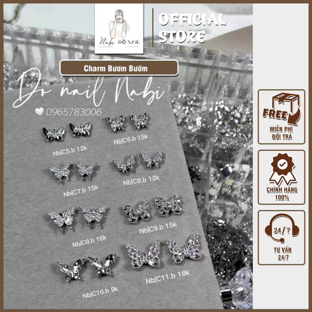 Charm Bươm Bưom Đá Ab2 Phụ Kiện Nail Nabi - Charm Nail Cao Cấp Bạc Ab2 Trang Trí Trí Móng Tay Hình Bươm Bưom