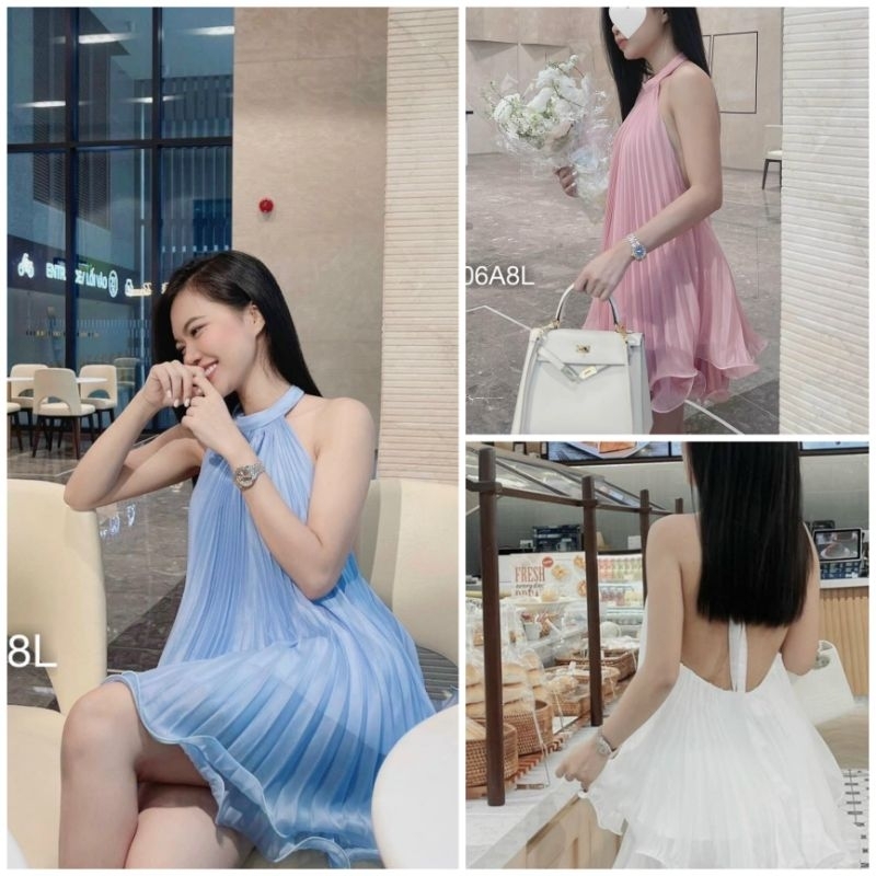 Váy Cổ Yếm Dập Ly Suông Ngắn ,Váy Xếp Ly Babydoll Hở Lưng Sát Nách Xoè Rộng 2 Tầng Ulzzang