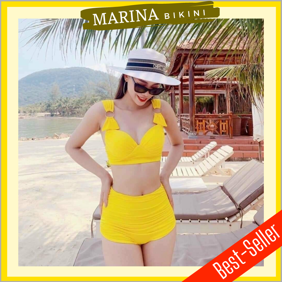 Bikini hai mảnh đồ bơi đi biển gọng vuông khoen vai quần cạp cao Marina017
