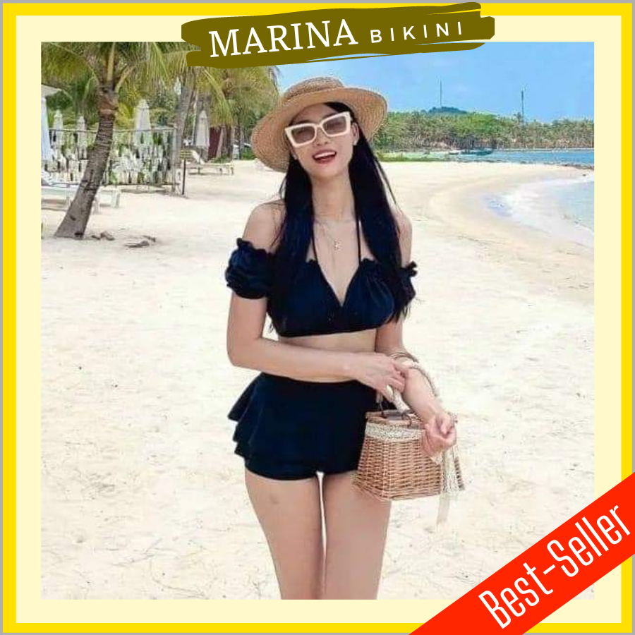 Bikini đồ bơi đi biển hai mảnh tay bồng trễ vai váy xòe Marina019
