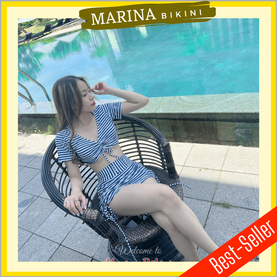 Bikini đồ bơi nữ đi biển áo tay ngắn dây rút ngực váy rút lưng cao MARINA025