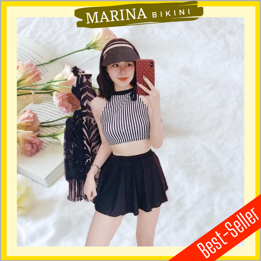 Bikini hai mảnh đồ bơi đi biển áo yếm sọc nơ cổ váy xòe lưng cao Marina029