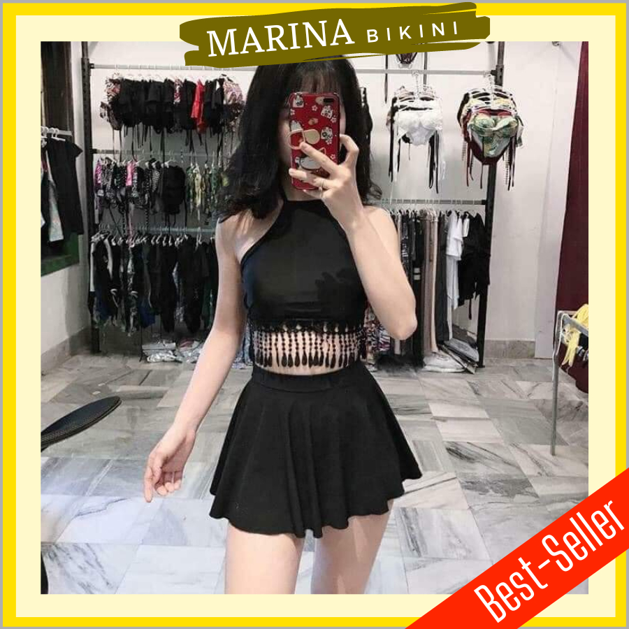 Bikini đồ bơi đi biển áo yếm dây phối ren hở lưng váy xòe MARINA030