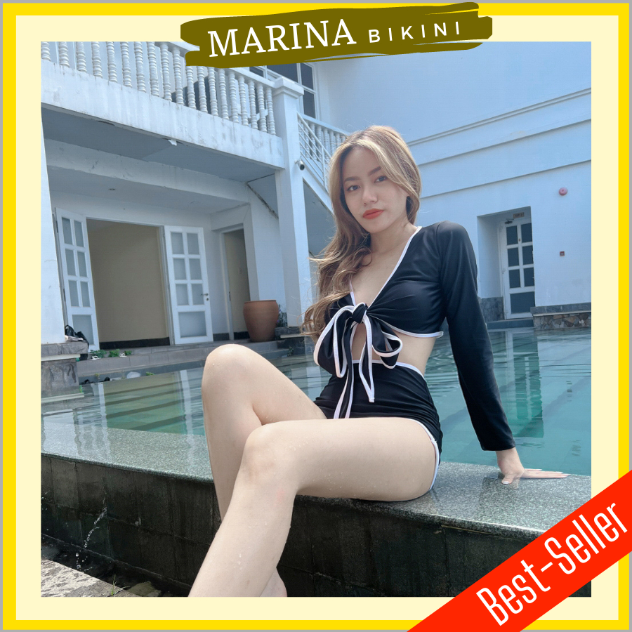 Bikini đồ bơi đi biển nữ áo tay dài vạt chéo viền trắng quần lưng cao MARINA038